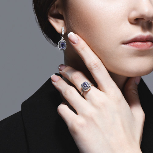 Cercei din Aur Alb 14K cu Tanzanit si Diamante  - 3