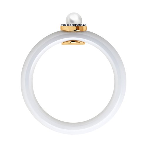 Inel din Ceramica cu Aur Roz 14K Diamante si Perla - 2