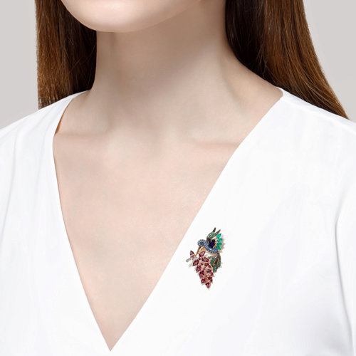 Brosa din Aur Roz 14k cu Agat Verde, Corund, Rodolit si Zirconiu - 3