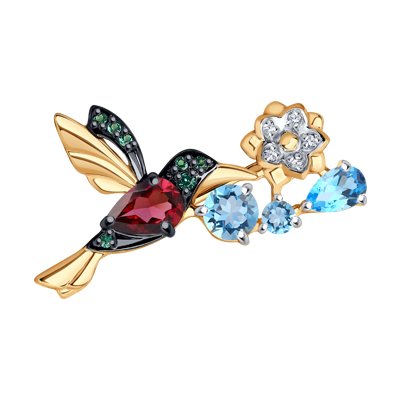 Brosa din Aur Roz 14K cu Topaz, Rodolit si Zirconiu „Colibri” - 3