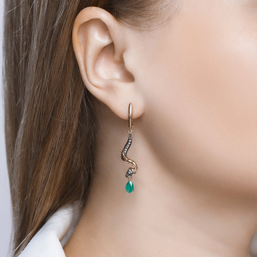 Cercei din Aur roz 14K cu Diamante si Smarald Sarpe - 2