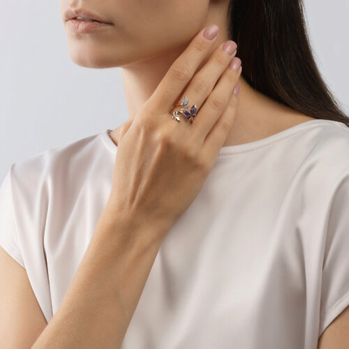 Inel din Aur Roz 14K cu Diamante si Email Fluturi - 2