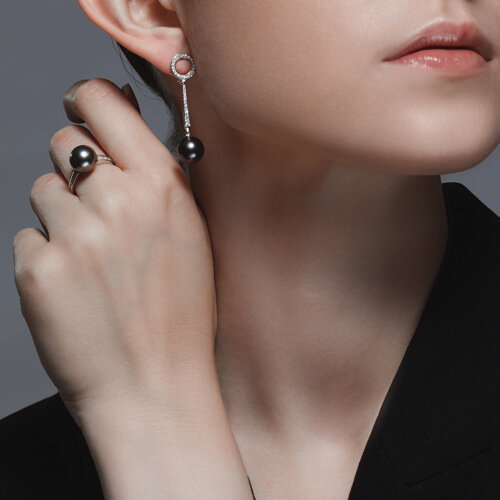 Cercei din Aur Alb 14K cu Diamante si Perla de Ocean  - 2