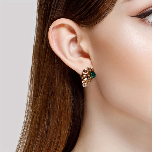 Cercei din Aur Roz 14K cu Smarald hidrotermal si Zirconiu - 3