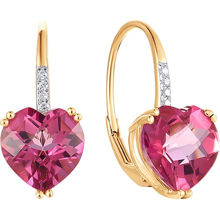 Cercei din Aur Roz 14K cu Diamante si Topaz Roz Inimi - 1