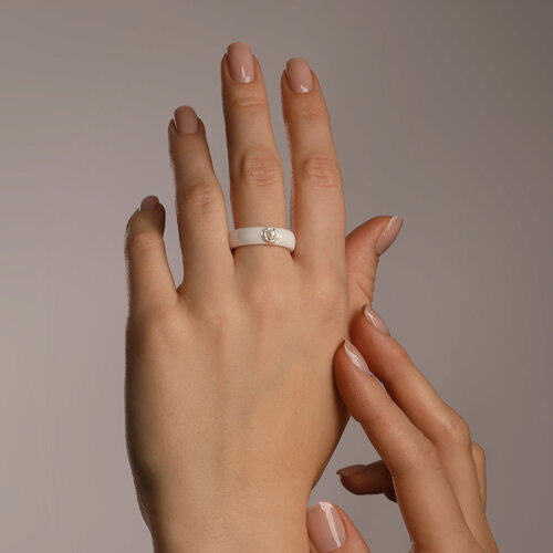 Inel din Ceramica cu Aur Roz 14K Diamante si Perla - 3