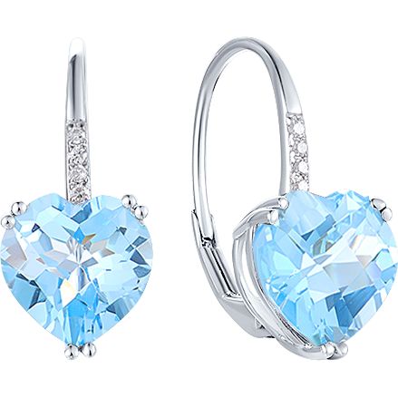 Cercei din Aur Alb 14K cu Diamante si Topaz Inima - 1