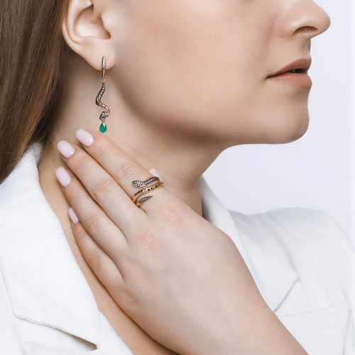 Cercei din Aur roz 14K cu Diamante si Smarald Sarpe - 4