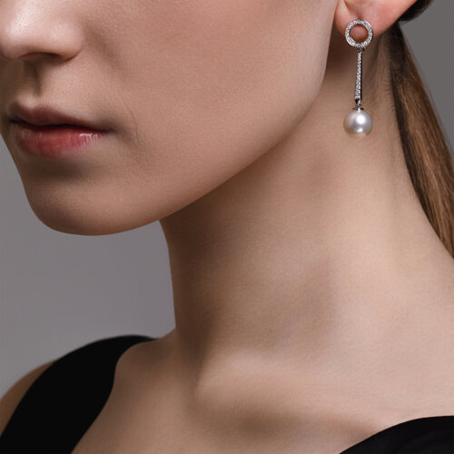 Cercei din Aur Alb 14K cu Diamante si Perle de Ocean - 2