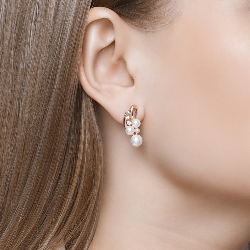 Cercei din Aur Roz 14K cu Perla si Zirconiu - 3