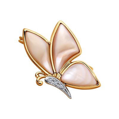 Brosa din Aur Roz 14K cu Diamante si Sidef Fluture - 1