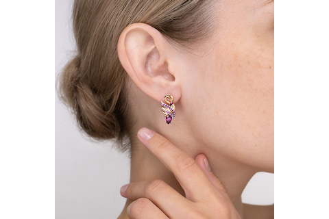 Cercei Aur Roz 14K cu Granat, Email - 2