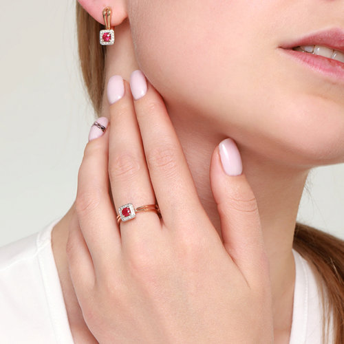 Inel din Aur Roz 14K cu Diamante si Rubin - 5