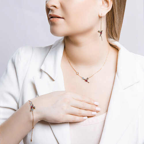 Cercei din Aur Roz 14K cu Rodolit si Zirconiu ''Colibri'' - 4