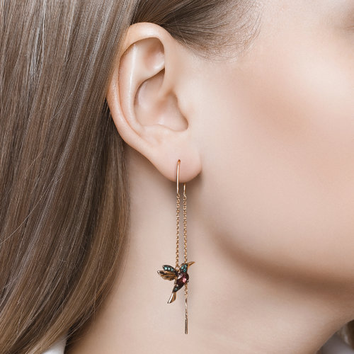 Cercei din Aur Roz 14K cu Rodolit si Zirconiu ''Colibri'' - 2