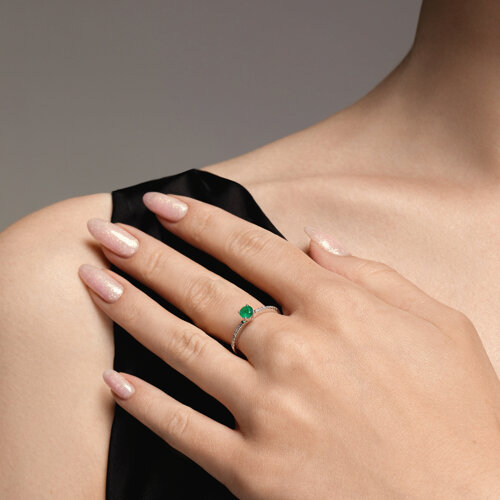 Inel din Aur Alb 14K cu Diamante si Smarald - 5