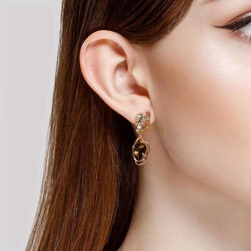 Cercei din Aur Roz 14K cu Cuart fumuriu si Ametist Verde - 2