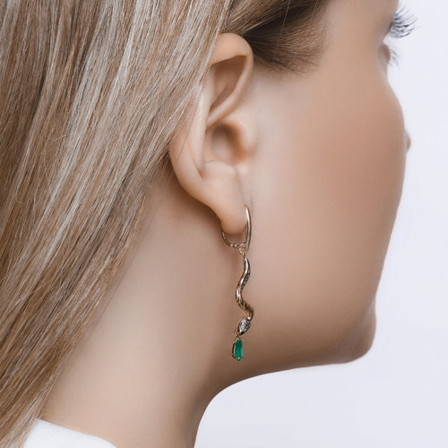 Cercei din Aur roz 14K cu Diamante si Smarald Sarpe - 3