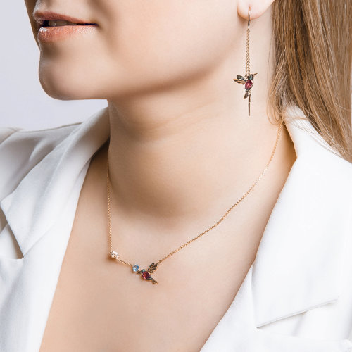 Colier din Aur Roz 14K cu Topaz, Rodolit si Zirconiu Colibri - 2