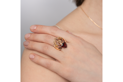 Inel Aur Roz 14K cu Granat, Citrin, Email - 2