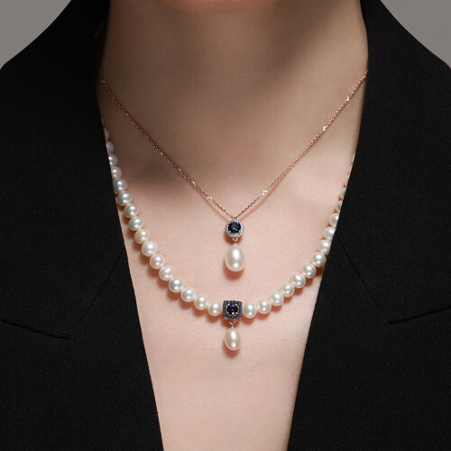 Colier din Aur Roz 14K cu Perla, Corund si Zirconiu  - 3