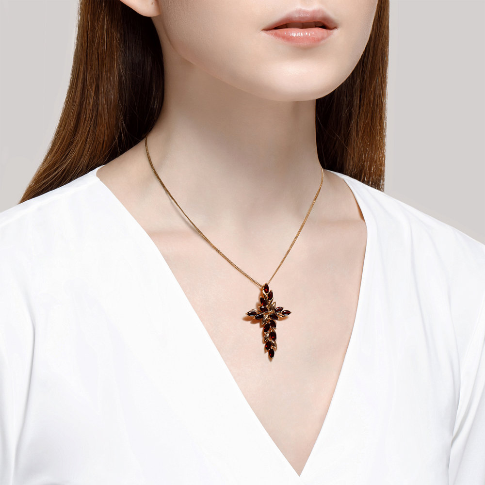 Pandantiv Cruce din Aur Roz 14K cu Granat, articol 732119, previzualizare foto 4
