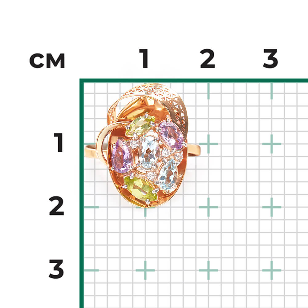 Inel Aur Roz 14K cu Topaz,Ametist,Crisolit,Zirconiu, articol 01-4964-00-248-1110-46 №16 70, previzualizare foto 3